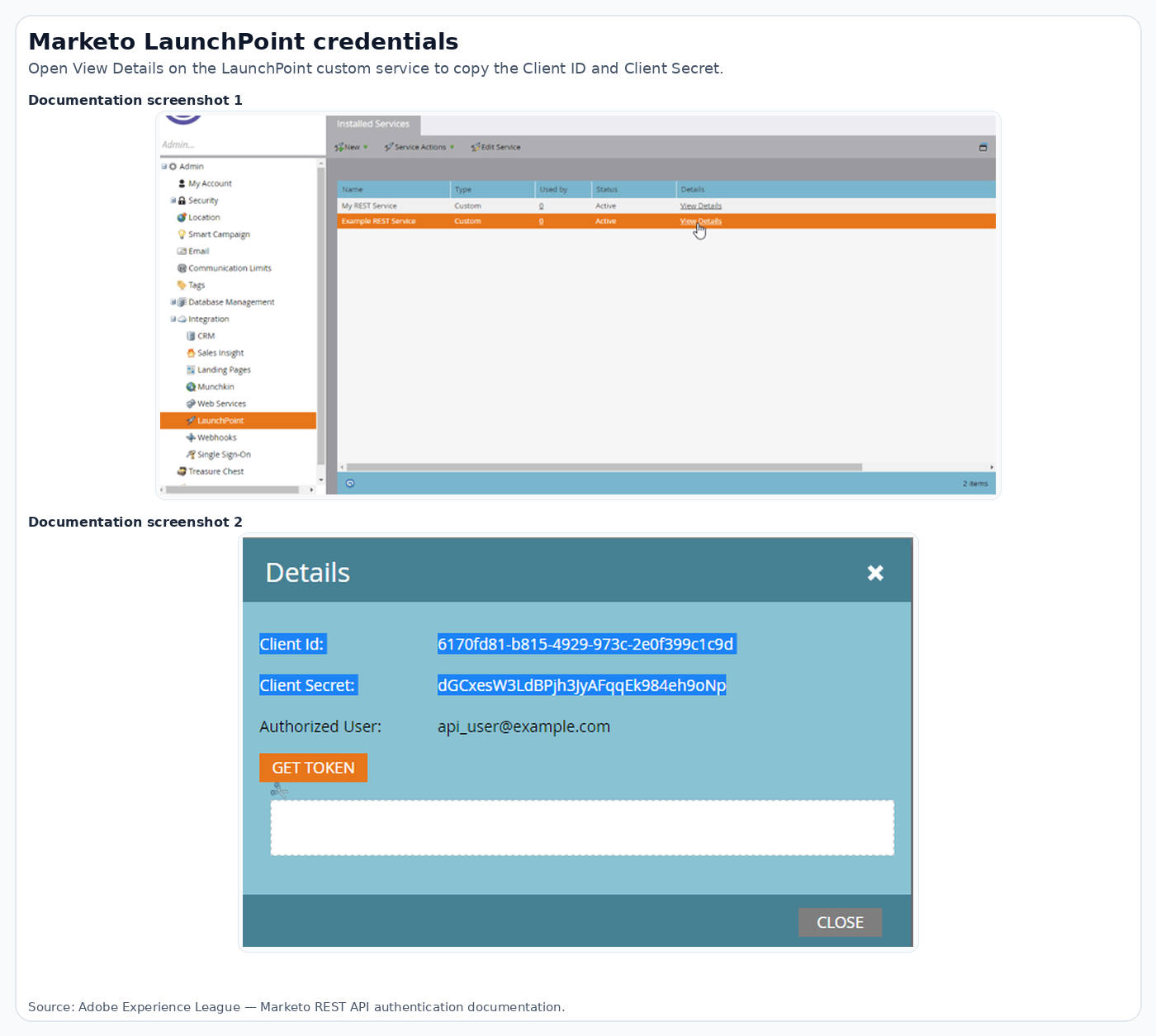 Marketo LaunchPoint custom service credentials documentation screenshots